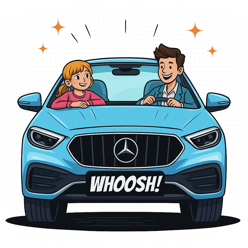 Comic style couple in blue Mercedes convertible with WHOOSH text and sparkles